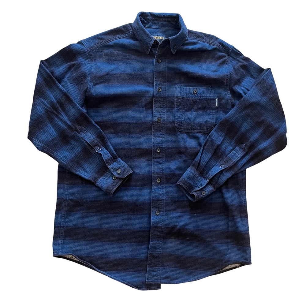Woolrich Mens Large Blue Striped Corduroy Flannel Button Down Shirt Long Sleeve